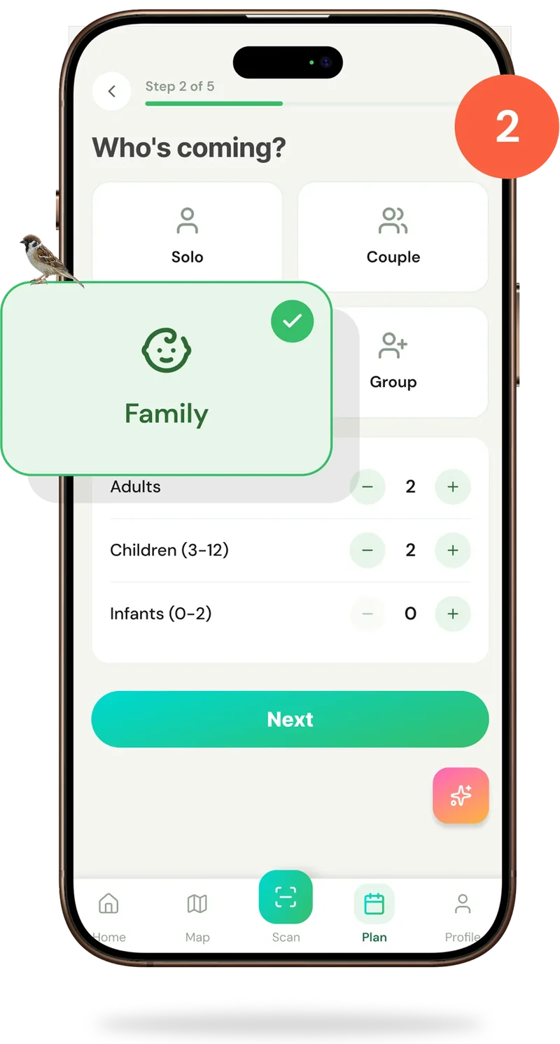 Step 2 of 5: choosing who is coming, with counts for adults, children and infants